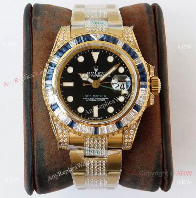 (ROF) Swiss Rolex GMT-master II Custom Luxury Watch Yellow Gold Diamond Band